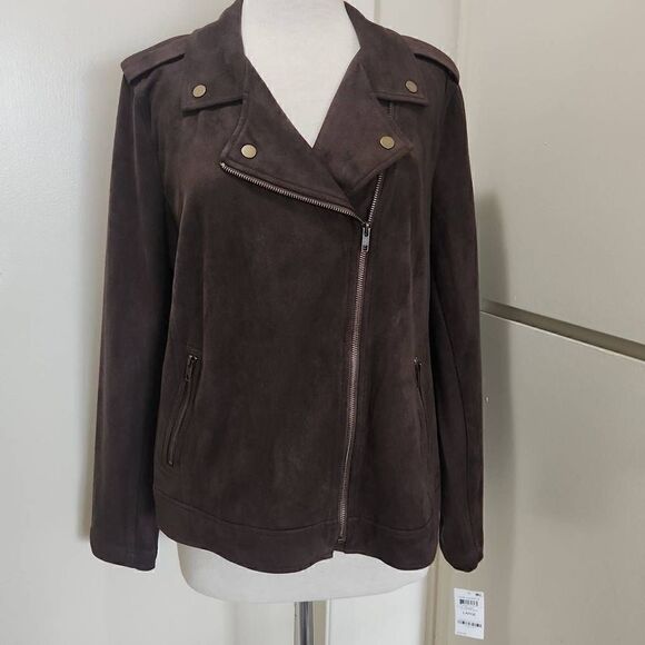 Style &  Co. Faux Suede Datk Coffee Bean Brown Moto Jacket, L, NWT - Picture 1 of 7